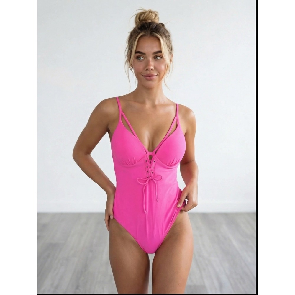 Hot Pink Swimsuit Lace Up One Piece Push Up High Cut Cheeky Vacation Beach Pool